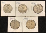 SET OF (5) WALKING LIBERTY HALF DOLLARS