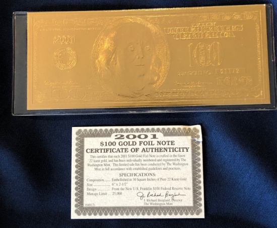 2001 $100 Gold Foil Note -- 22KT Gold Foil