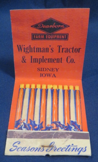 WIGHTMAN'S TRACTOR & IMPLEMENT CO - SIDNEY, IOWA" DEARBORN FARM EQUIPMENT ADVERTISING MATCH BOOK