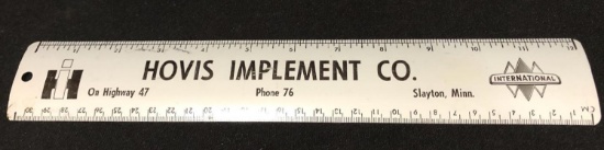 IH "HOVIS IMPLEMENT CO. - SLAYTON, MINN" METAL RULER