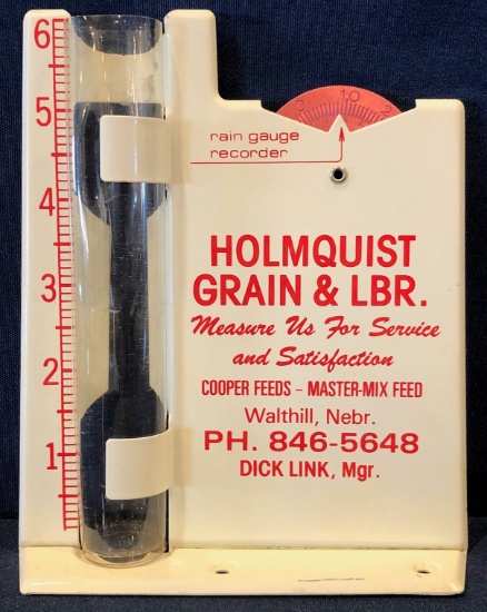 HOLMQUIST GRAIN & LUMBER - WALTHILL, NEBR. -- ADVERTISING RAIN GUAGE