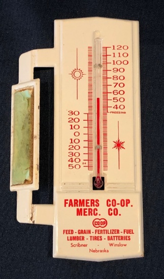 FARMERS COOP - MERC CO. -- SCRIBNER & WINSLOW -- ADVERTISING THERMOMETER