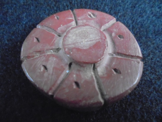 OLD CARVED "PIPESTONE" ROUND COIN LIKE ITEM-WE THINK NATIVE AMERICAN MAYBE CURRENCY USE