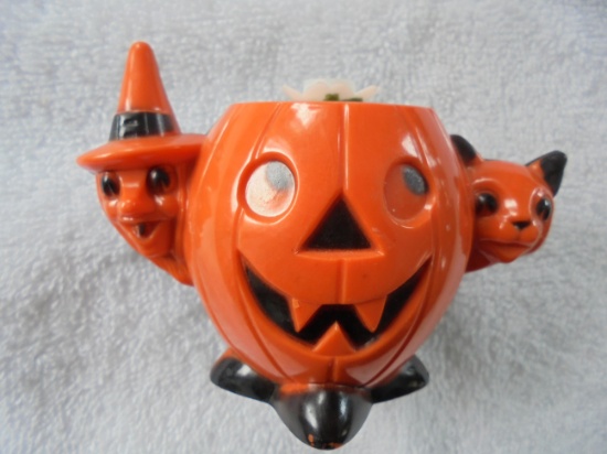 OLD HARD PLASTIC PUMPKIN WITH CAT AND WITCH CANDLE HOLDER-DIFFERENT