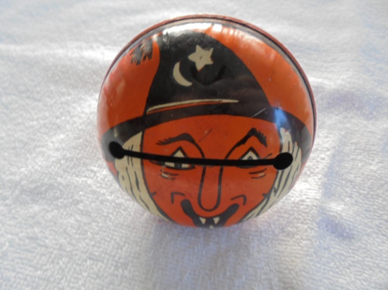 VINTAGE TIN LITHOGRAPH HALLOWEEN "WITCH" NOISE MAKER-GREAT GRAPHICS