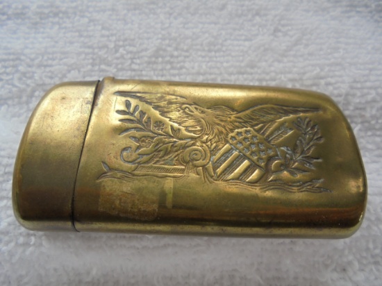 ANTIQUE BRASS POCKET MATCH SAFE WITH "AMERICAN EAGLE & SHIELD" DESIGN-VERY NEAT