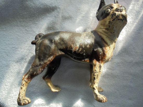 OLD CAST IRON BULL DOG DOOR STOP WITH MUCH ORIGINAL PAINTED SURFACE