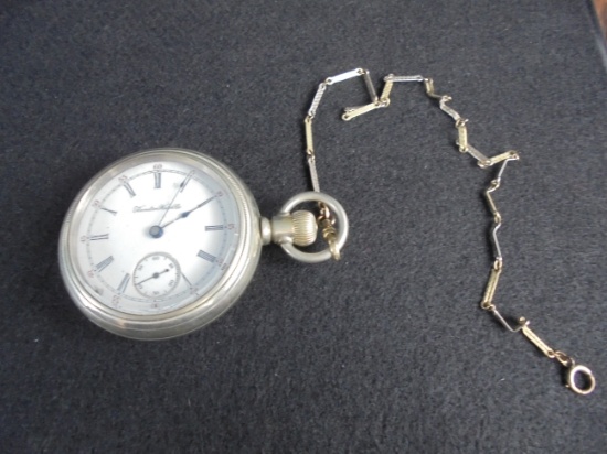 OLD HAMILTON SILVER COLORED POCKET WATCH WITH BEVELED CRYSTAL AND 17 JEWEL MOVEMENT