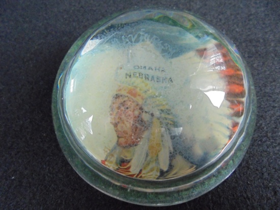 OLD GLASS PAPER WEIGHT FROM OMAHA WITH INDIAN GRAPHIC