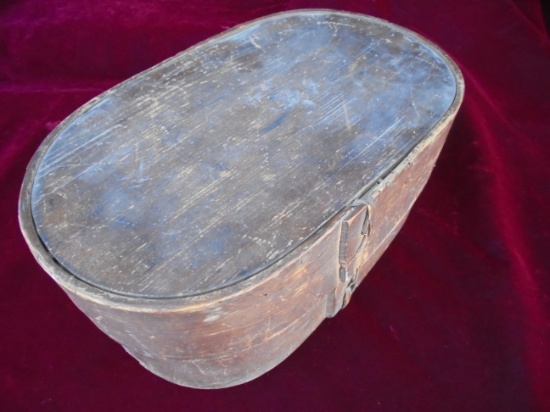 WONDERFUL PRIMITIVE WOODEN BOX AND LID-13 INCH LONG OVAL