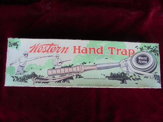 OLD WESTERN HAND TRAP IN BOX-GRAPHIC BOX-NICE ORIGINAL