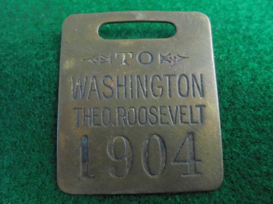 OLD BRASS WATCH FOB "TO WASHINGTON THEO. ROOSEVELT" 1904