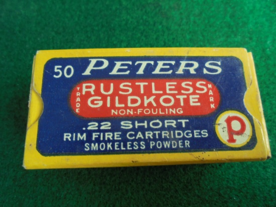 VINTAGE "PETERS .22 SHORT RIM FIRE CARTRIDGE BOX "RUSTLESS GILDKOTE-NON-FOULING"