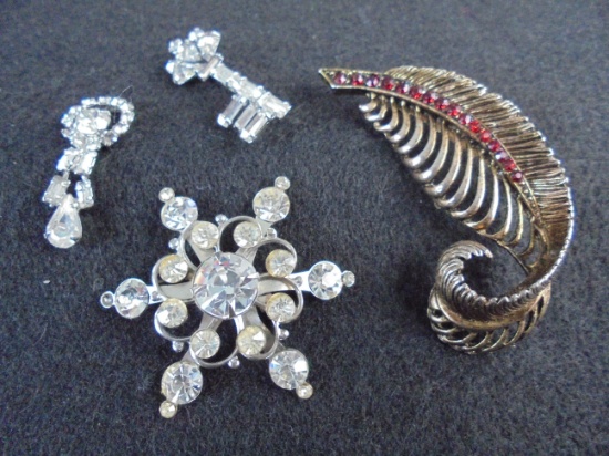 TWO OLD JEWERY PINS AND MISC. RHINESTONE ITEMS