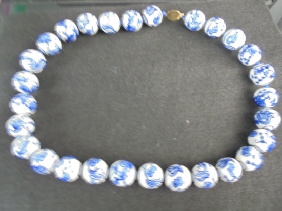 OLD "BLUE & WHITE PORCELAIN" BEAD NECKLACE-COMPLETE & BEAUTIFUL