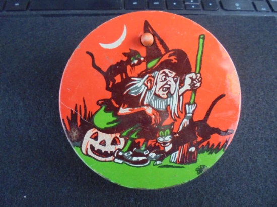 VINTAGE TIN HALLOWEEN 'NOISE MAKER' WITH WITCH GRAPHIC