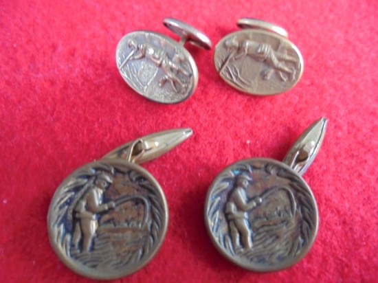 TWO PAIR OF ANTIQUE CUFFLINKS-ONE FISHING THEME THE OTHER HUNTING