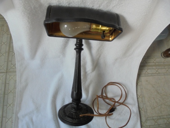 ANTIQUE DESK LAMP-CAST IRON BASE--LOOKS RE-WIRED AND IS WORKING-QUITE NICE