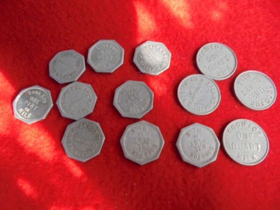 LOT OF 13 OLD DAIRY TOKENS-LARGE FOR FREE QUART OF MILK AND SMALLER FOR FREE PINT OF MILK
