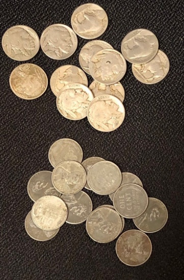 Set of (12) Buffalo Nickels  & (14) Steel Wheat Cents