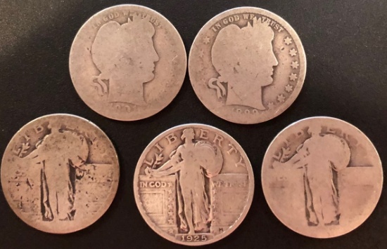 Set of (5) Old Silver Quarters - Barber & Standing Liberty