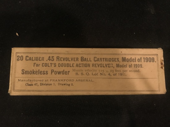 Box of 20 .45 caliber Revolver Ball Cartridges, Model 1909
