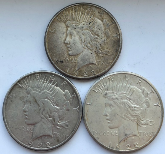 (3) 1922-S Peace Silver Dollars