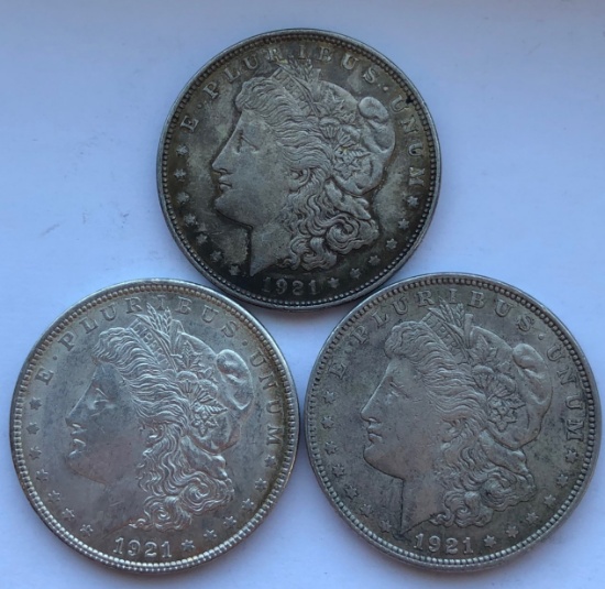 (3) 1921 US Morgan Silver Dollars