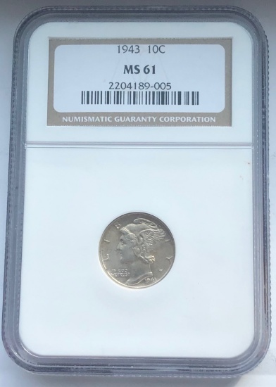 1943 Mercury Dime Graded Mint State 61 by NGC