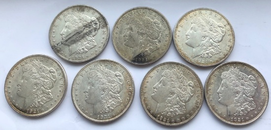 Set of (7) 1921-D Morgan Silver Dollars