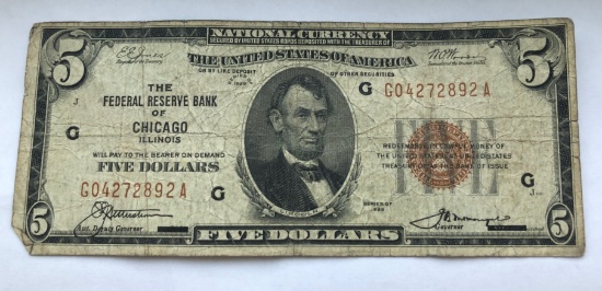 1929 $5 "The Federal Reserve Bank of Chicago, Illinois" National Currency Note