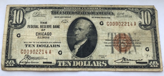 1929 $10 "The Federal Reserve Bank of Chicago, Illinois" National Currency Note