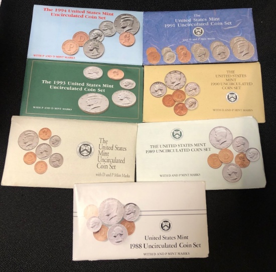 (7) Uncirculated Mint Sets -- 1988-1994