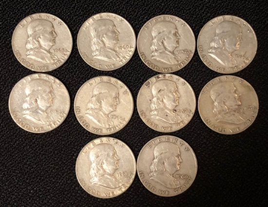 (10) Franklin Silver Half Dollars