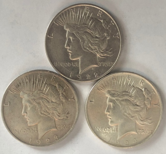 US Peace Dollars --- 1922-D, 1923, & 1924