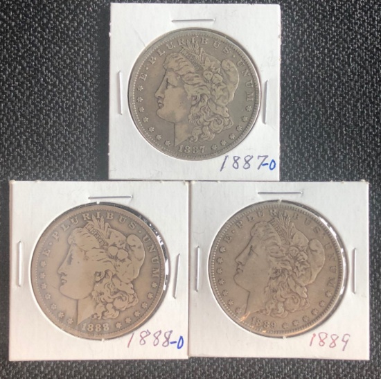(3) Morgan Silver Dollars --- 1887-O, 1888-O, & 1889