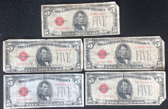 (5) Series 1928-C $5 US Red Seal Notes