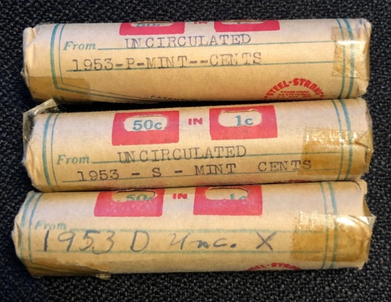 (3) Uncirculated Wheat Cent Rolls -- 1953 P, D, & S