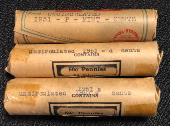 (3) Uncirculated Wheat Cent Rolls -- 1951 P, D, & S