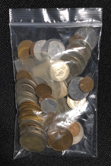 Bag of (67) Various Foreign Coins -- Including Some Silver