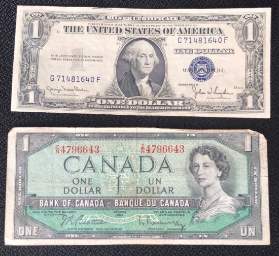1935-D Silver Certificate & 1954 Canadian $1 Note