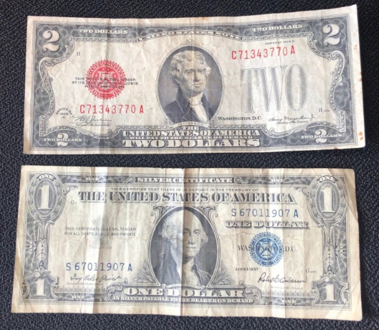 1928 $2 Red Seal & 1957 $1 Silver Certificate