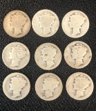 (9) 1917 Mercury Silver Dimes - Second Year of Mercury Dimes
