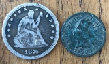 1876 Seated Liberty Quarter & 1890 Indian Head Cent