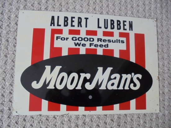 VINTAGE ALL METAL ADVERTISING SIGN FROM "MOORMAN'S FEEDS"-QUITE CLEAN