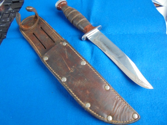 OLD "K-BAR" FIXED BLADE KNIFE WITH LEATHER SHEATH-5 3/4 INCH BLADE-FAIRLY NICE