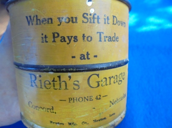 OLD FLOUR SIFTER WITH ADVERTISING "RIETH'S GARAGE" CONCORD NEBRASKA
