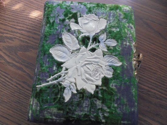 OLD GREEN PHOTOGRAPH ALBUM WITH ROSES ON FRONT