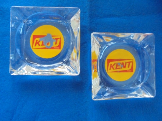 (2) OLD KENT FEED ADVERTISING ASH TRAYS-SOME WEAR