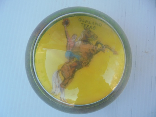 OLD GLASS SOUVENIR PAPER WEIGHT FROM "GARLAND TEXAS" W/ COWBOY GRAPHIC